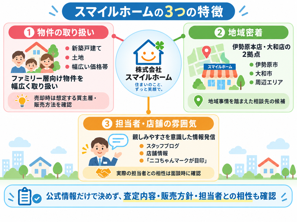 株式会社スマイルホームの「ファミリー層向け物件の取り扱い」「伊勢原本店・大和店の2拠点による地域密着」「親しみやすさを意識した情報発信」の3つの特徴をまとめた概念図
