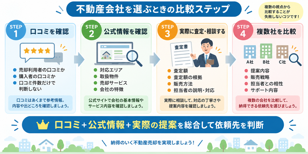不動産会社選びで、口コミ確認、公式情報確認、査定・相談、複数社比較の4ステップを踏み、口コミ・公式情報・実際の提案を総合して依頼先を判断する流れを示した図解